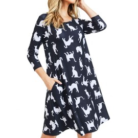 Women's Cat Dresses with Pockets 3/4 Sleeves Crew Neck A Line Dress Black Size Small