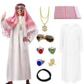 MeYuxg Sheikh Costume for Men, Carnival Arabian Costume with Headscarf, Robe, Finger Ring, Necklaces, Sunglasses, Funny Costumes for Carnival, Party, Cosplay, White