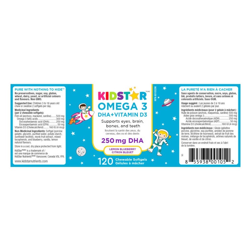 KidStar Nutrients Omega 3 with Vitamin D3, High-DHA, Lemon Blueberry,