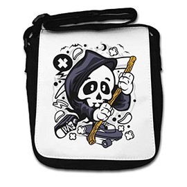 Grim Reaper Skater Scythe Cartoon Art Skull Small Shoulder Bag, black