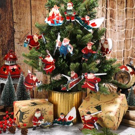 36 Pieces Christmas Fishing Santa Claus Ornaments Wooden Fishing Santa Ornament Hanging Fly Fishing Gifts Boat Christmas Ornament with Ropes for Christmas Tree Door Window Mantel Fireplace Party Decor