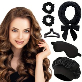 Heatless Curls Overnight Hair Set – 70" Soft Ribbon Headband & 6 PCS Curling Rods with Bonnet for Long Hair | No Heat Curling Wrap (Black)