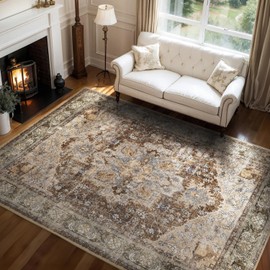 Sepia Brown Large 9x12 Area Rugs for Living Room Rug Bedroom Rug-Carpet Washable Neutral Vintage Traditional Dining Room Rugs Office Soft Comfortable Non Slip
