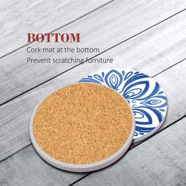 Coaster for Drinks Set of 6, Floral Ceramic Blue Mandala Flower Absorbent Round Ceramic Stone Mat, with Cork Base and Metal Holder, Gift for Housewarming Room Bar Decor