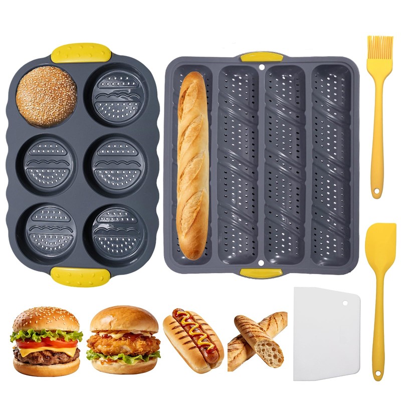 5 Pcs Silicone Baguette Baking Mold and Hamburger Bun Pan