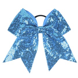 Xansema Women Girls Kids Teens Sequins Hair Bows Elastic Hair Tie Ribbon Large Cheer Bow Ponytail Holder Hair Band (Blue)