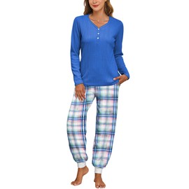 Famulily Ladies Lounge Wear Sets Spring Casual V Neck Long Sleeve Tops and Jogger Pants Cozy Nightwear Blue XXL