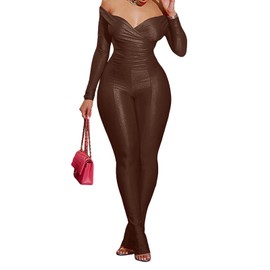 Women's Sexy 2 Piece Outfits V Neck Ruched Top Bodycon Flared Pant Set Y2k Streetwear Sweatsuit Coffee L