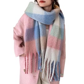 OgLuxe Blanket Scarf Wool Winter Women Ladies Tartan Fluffy Checked Thick Tassel Warm Scarves, Plaid Cosy Large Long Soft Shawl & Wrap Present Gifts For Her Pastels