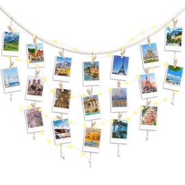 Hanging Photo Display Wall Decor with String Lights Boho Style Wooden Bead Macrame Picture Frame Display Wall Decor with 30 Wood Clips for Wedding Birthday Party Living Room Bedroom Office Decor
