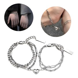 Fuezoiu 2pz Pulsera Parejas Doble Con Imán Corazón Acero Inoxidable Joyeria Hombre Mujer Día De San Valentín Regalo
