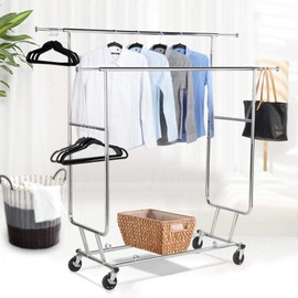 Topeakmart Rolling Clothes Rack 250 lbs Load Capacity Commercial Double Rail Garment Racks Portable Clothes Rack, Clothing Rack, Hanging Cloest Organizer, Drying Racks for Laundry, Wardrobe Cloest