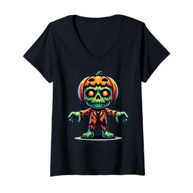 Womens Cute Zombie Pumpkin Cartoon Character For Kids V-Neck T-Shirt