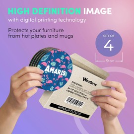 4 x Boxed Round Coasters - Name Amaris Tropic Flamingo Palm Flower Letter Lettering Initial Cork Backed MDF Glossy Tea Coffee Accessory #257106