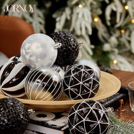 JORNOY 80MM Christmas Ball Ornaments 12PCS Shatterproof Black and White Christmas Ornaments, Large Decorative Hanging Ornaments with Lanyard