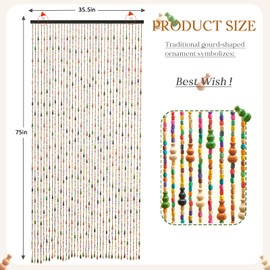 HYVAKUPPA Wood Beaded Curtain 35.5"x75" Doorway Room Divider Handmade Boho 38 Strands Colorful Bead Curtain for Hippie Bedroom, Living Room & Home Decor