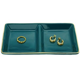 HANKOR Ceramic Jewelry Dish Tray, 2 Compartment Ring Dish, Decorative Trinket Tray for Rings, Earrings, Keys, Birthday Christmas Gifts, Green