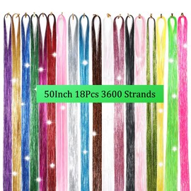 Hair Tinsel 50Inch 18 Colors 3600 Strands Glitter Tinsel Hair Extensions Sparkly Shiny Fairy Hair for Kids Women Girls(50 Inch, Mixed 18 Colors)…