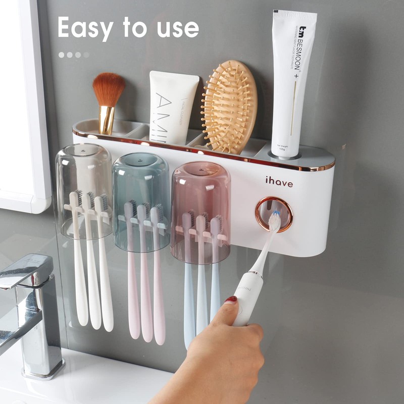 iHave Toothbrush Holders Bathroom Accessories with Toothpaste Dispenser, 3 Cups