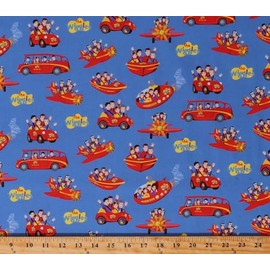 Riley Blake Cotton The Wiggles Tour Bus Big Red Car Plane Vehicles Music Group Musicians Kids Ready Steady Wiggle! Blue Fabric Print by The Yard (C8541-BLUE)