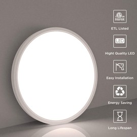 ocioc LED Flush Mount Ceiling Light Fixture, 12 inch 24 W 5000 K 3200 lm Flat Round Ceiling Lamp for Kitchen, Laundry Room