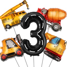 Construction Birthday Decorations 3 Year Old, Large Construction Balloons 40Inch Racetrack Black Number 3 Balloons Construction Truck Foil Balloons for Boys 3rd Construction Birthday Party Supplies