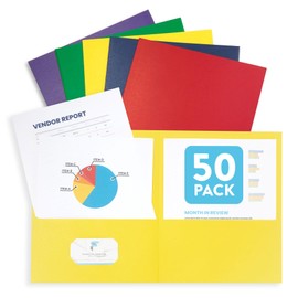Blue Summit Supplies 50 Paper Two Pocket Folders Bulk, Designed for Office and Classroom Use, Assorted 5 Colors, 50 Pack Colored 2 Pocket Folders Bulk