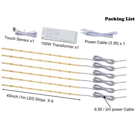 GZGMET 6 Pcs COB LED Strips Bright Dispaly Case Under Cabinet Light,Touch Sensor Dimmable LED, Bedrooms Bookshelf Wardrobes Cabinet Strip Lights (Warm White, 6 * 40inch LED Strips)