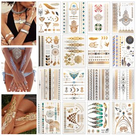 LUZOON Gold Tattoo Temporäre 16 Blätter 140+ Tattoos Metallic Flash Tattoos Wasserdichte Klebe Tattoo für Festival und Party Accessoire