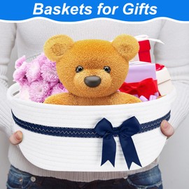Small Woven Basket with Gift Bags and Ribbons, Empty Decorative Gift Chest Box, Cute Baby Gift Basket for Nursery, Woven Rope Hamper Baby Toy Basket Storage with Handles, 13.5"X 8.5" X 5.5", White