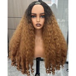 PREMPO Afro Wig V Part Kinky Curly Wigs for Black Women, 180% Density Wear and Go Glueless Wig with Unique Bouncy Curls in the End, Synthetic No Leave out Clip in, 24 In (#DR2/27 Ombre Blonde)