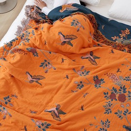 Snycler Boho Throw Blanket for Bed, 100% Organic Cotton Muslin Soft Throw-Floral Bird Farmhouse Rustic Spring Summer Fall Decor Blanket for Couch Sofa Quilt and Gift, 80" x 90" Orange