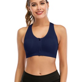 FXTYK Zip Front Sports Bra Post Surgery Bra Yoga Workout Fitness Activewear Racerback Padded Bras for Women, navy, L