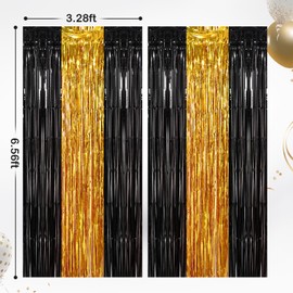 2 Pack Black Gold Metallic Tinsel Foil Fringe Curtains, Door Streamers Photo Booth Backdrop for Birthday Party, Tinsel Curtain Backdrop for Baby Shower Bachelorette Christmas Party Decorations