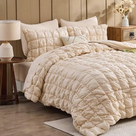 Jameswish Beige Comforter Set Full Size Bed in A Bag 7 Piece Pinch Pleat Bedding Set, Pintuck Ruched Square Bed Set with Comforter, Sheets, Pillowcases & Shams