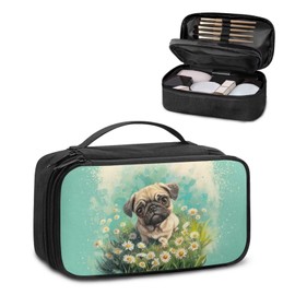 Freewander Pug Daisy Makeup Bag for Women Portable Cute Cosmetic Travel Bag for Teen Girls Lightweight Large Makeup Organizer with 2 Compartments