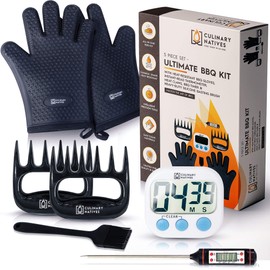 Culinary Natives | BBQ Grill Gloves, Meat Claws, Digital Thermometer, Timer, Brush | The No.1 Grilling/Smoker Accessories Kit for Pulled Pork, Brisket, and Ribs