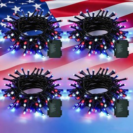 QITONG 4 Pack Red White Blue String Lights Battery Operated, Each 16ft 50 LED 4th of July Christmas Lights Outdoor, 8 Modes Green Wire Patriotic Lights Indoor for Independence Memorial Day Decor
