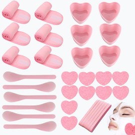 34 Pcs Esthetician Facial Supplies Kit, 6 Heart-Shaped Mask Bowls, 6 Headbands, 6 Spatulas, 10 Heart-Shaped Sponges, 6 Rectangular Sponges for Professional Spa & DIY Skincare(Pink)