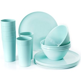 Youngever 18-Piece Plastic Kitchen Dinnerware Set, Plates, Dishes, Bowls, Cups, Service for 6 (Mint Color)