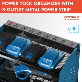 Power Tool Organizer with Power Strip, 4 Drill Holders Tool Storage with Hooks, Heavy Duty Rack for Garage Organization, Wall Mount Tool Organizer, Christmas Anniversary Birthday Gifts for Men Dad Him