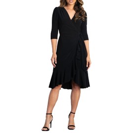 Kiyonna Plus Size Whimsy Ruffled Midi Wrap Dress with Sleeves, Wrap Around Style for Cocktail, Party, Wedding Guest or Work, Black Size 5X (30-32)