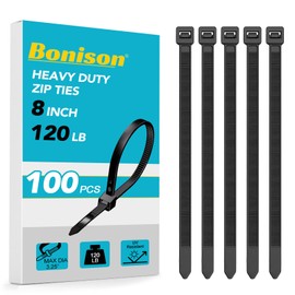 Bonison Zip Ties 8 inch Heavy Duty Zip Ties with 120 Pounds Tensile Strength, Black Cable Ties for Multi-Purpose Use, Self-Locking UV Resistant Nylon, 100 Pcs