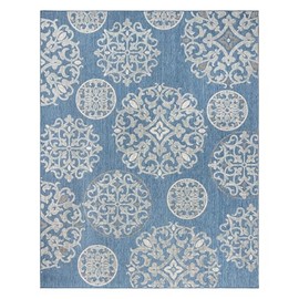 Gertmenian Indoor Outdoor Premium Flatweave Area Accent Rugs | Washable, Stain & UV Stabilized Carpet | 8x10 Large, Emilia Transitional Damask Blue, 25038