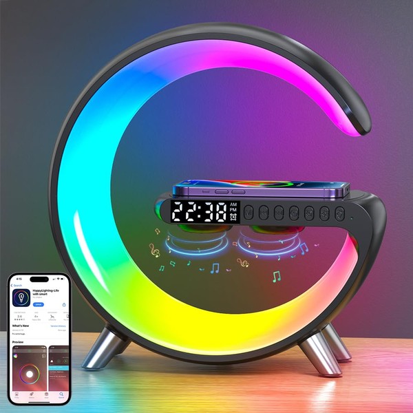Anyingkai Bedside Lamp with Clock and Charging Station, Table Lamp with Bluetooth Speaker, LED Bedside Lamp with Charging Function, Wireless Charger Atmosphere Lamp, Bedside Lamp Smart