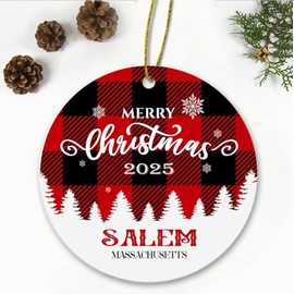 Merry Christmas Salem Massachusetts Ornament2025 - Xmas Holiday Keepsake for Decor Salem MA Ornament Souvenir Gift Family Friends - New Home Ornament 3" Plastic