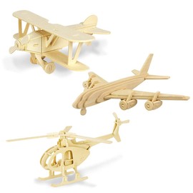 Georgie Porgy Woodcraft Construction Kits 3D Wooden Jigsaw Puzzle Wooden Model Kits for Kids Toys Age 5+ Pack of 3 (Biplane Helicopter Civil Airplane)