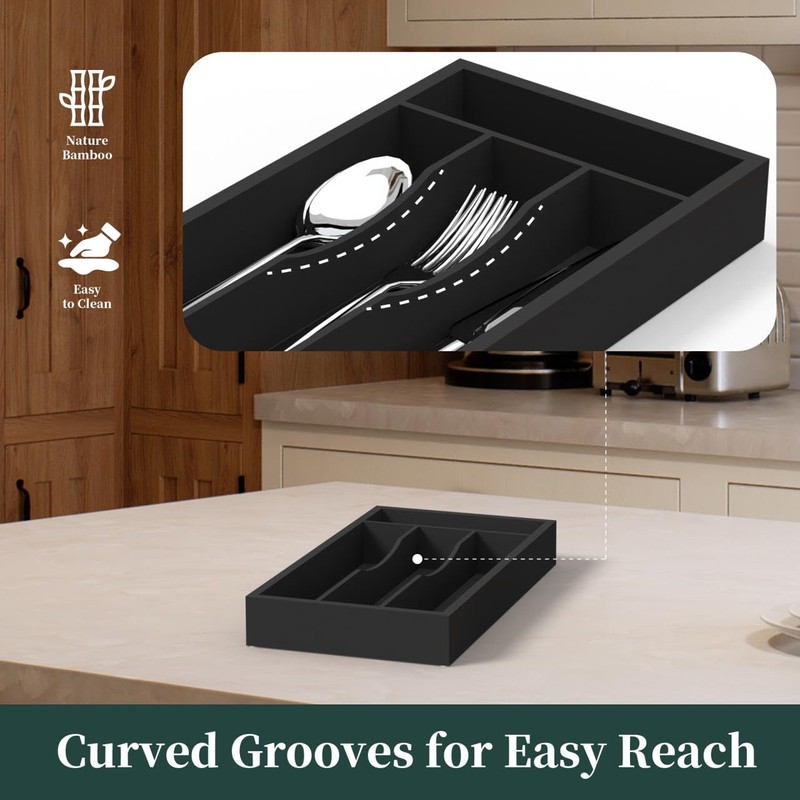 Small Silverware Organizer, Bamboo Kitchen Drawer Organizer, Utensil Holder, Cutlery