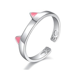 HinDaLi Cat Ring Adjustable 925 Sterling Silver Ring for Women Girls Women Cat Paw Rings Open Paw Print Silver Rings Women's Gift Jewellery Cat Ears Finger Ring, Sterling Silver, No Gemstone