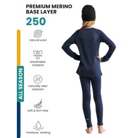 Merino Wool Base Layer Kids Set - Midweight Unisex Merino Wool Thermal Underwear For Kids Top, Bottom, Cuff Beanie (Medium, Navy)